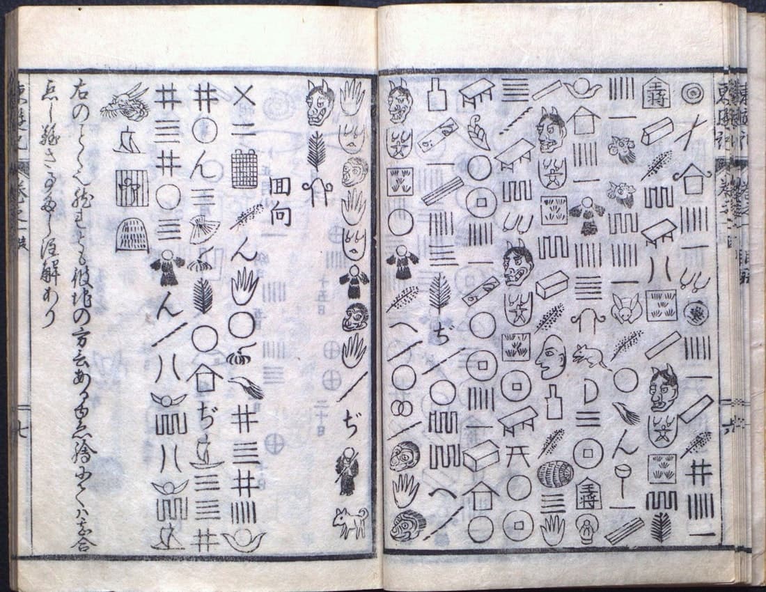 An open book showing a grid of small pictographic images.