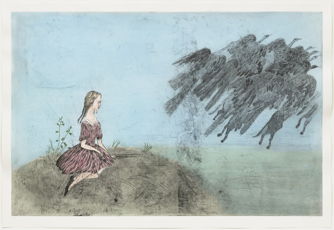 An etching with aquatint of a girl in a dress sitting down on a rock while a clump of birds fly away.